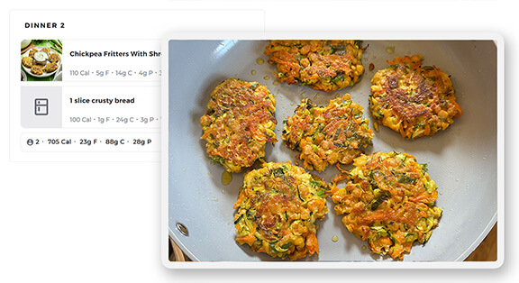 Dinner plan showing chickpea fritters with shredded veggies, and 1 slice crusty breadd.