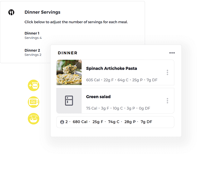 Meal plan customization settings, and drag and drop of a recipe card