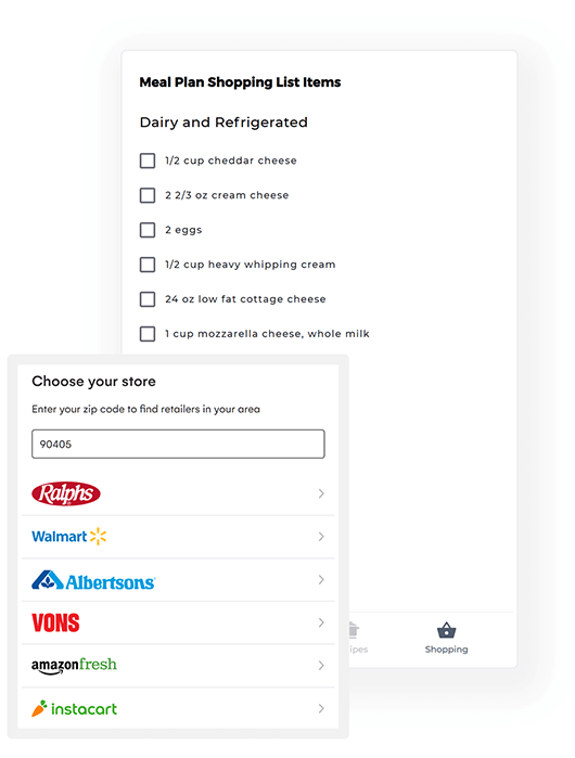 Meal plan shopping list with grocery delivery options