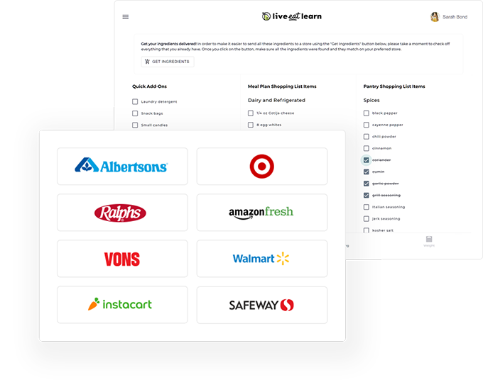 Image of our shopping list and some of the store options available for grocery delivery